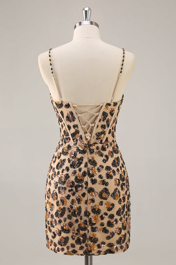 Kahki Leopard Corsé Bodycon Vestido corto de regreso a casa con lentejuelas